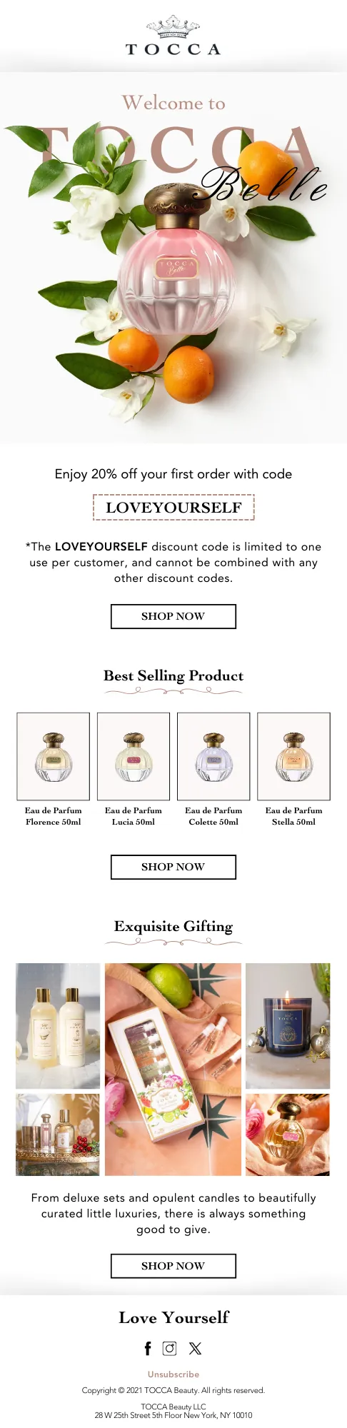 EcomCure Welcome Flow Email Design for Tocca Belle DTC Beauty Brand