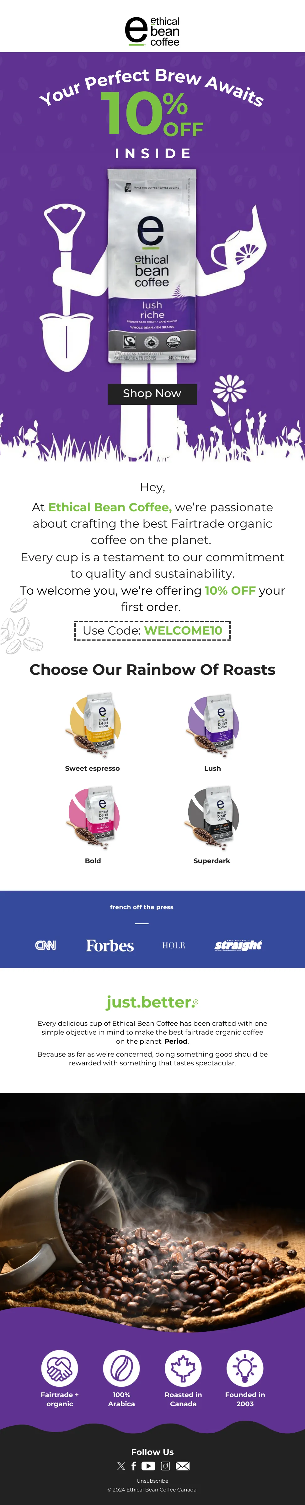 EcomCure Welcome Series Email Design for Ethical Bean Coffee Ecommerce Brand